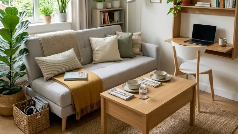 Salón pequeño con muebles multifuncionales
